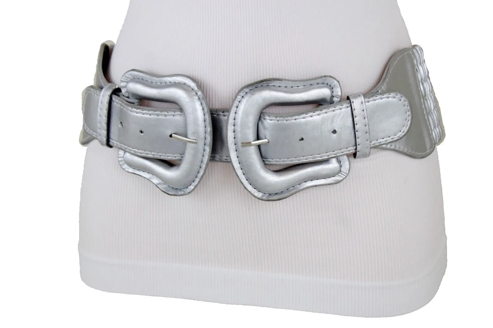 Faux Leather Double Buckle Elastic Waist Belt M L